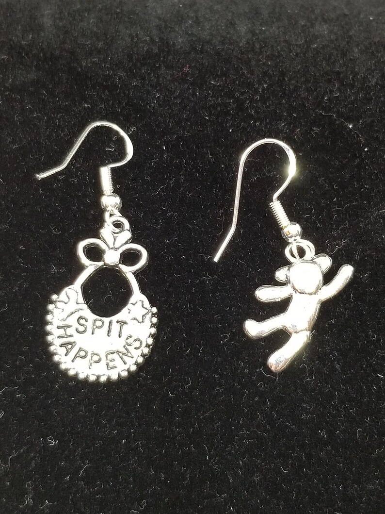 Awesome 925 sterling silver amazing baby shower gift bib spit happens funny humor teddybear new mommy gorgeous punk rocker hippie earrings