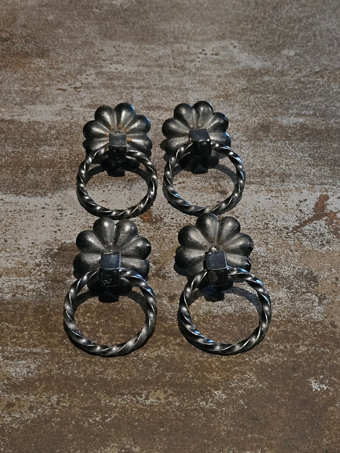 Vintage Rustic Black Iron Drawer Pulls Old Mexican Flower Hardware for