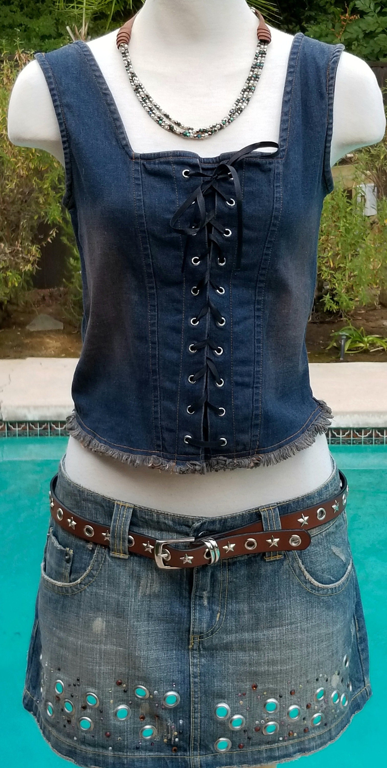 ◆2000Archives◆ Ice Denim Corset Top 1523FWTP03ID 2000 Archives Iced Denim Frayed Edges Corset, Brand Size 1