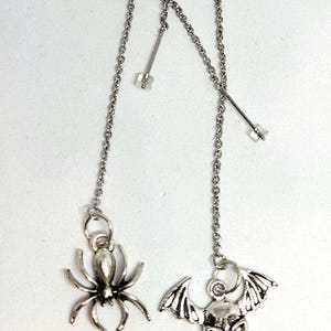 Silver dragon long threader earrings punk rocker chain threads silver skull bat & spider threads bikerchick earrings halloween jewelry