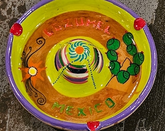 Vintage hand painted Cozumel sombrero mexican hat ashtray bright neon color Cozumel sombrero ashtray mancave barware cigar smoker ashtray