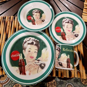 Vintage Coca Cola ladies dinnerware set four placesettings Coca Cola dinner plate Coca Cola salad plates Coca Cola bowls Coca Cola mugs