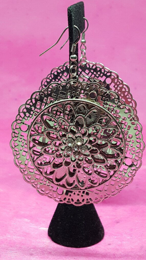 Amazing vintage big silver filigree earrings dang… - image 4