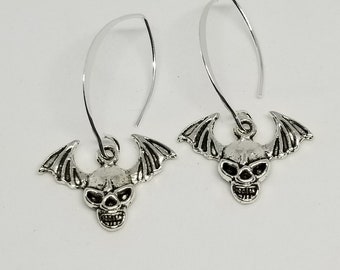 Badass sterling silver Skull bat earrings punk rocker biker goth earrings horror halloween earrings unisex batwing earrings gearhead jewelry