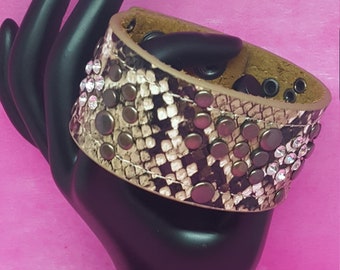 Awesome vintage leather  studded cuff bracelet python print retro biker punk rocker BDSM goth snake tattoos celtic pirates rockabilly unisex