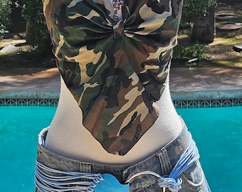 Vintage sexy halter top reversible bandana handkerchief halter top badass vintage halter westernwear halter camouflage bandana halter top