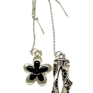 Silver threads earrings hippie threaders retro 70's charm earrings silver chain earrings jeans with mod flowers earrings