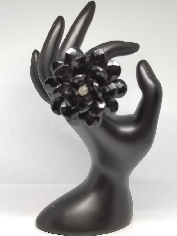 Gorgeous vintage MCM black beads big flower penda… - image 1