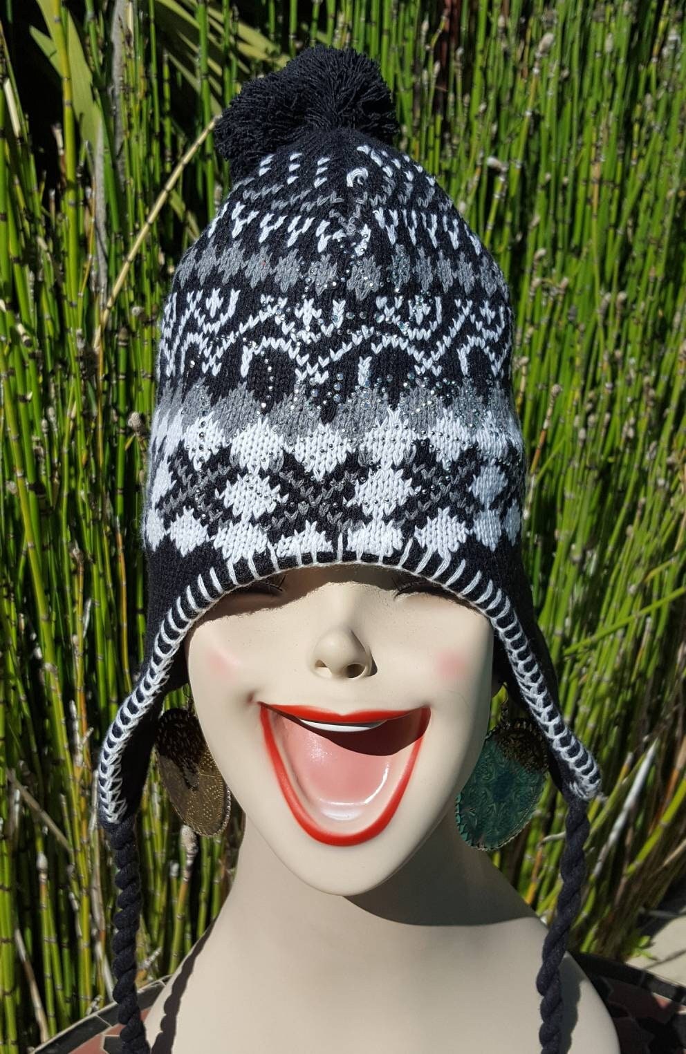 Stylish Black and White Knit Beanie MULIHU Black and White Ethnic Decorative Seamless Pattern  main image 4
