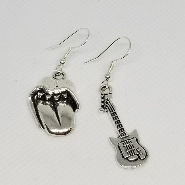 Legendary Rolling Stones 925 sterling silver earrings tongue & lip electric guitar earrings biker punk rocker earrings dope sick jewelry