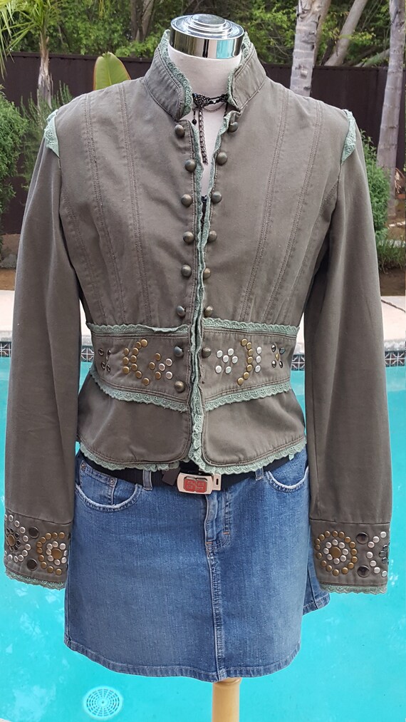 Awesome Miss Me Studded Sexy Army Green Military Jacket Crop Style 
