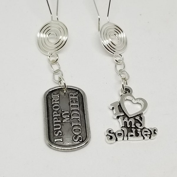 Awesome silver military love my soldier earrings patriot hero USA rocker biker tribe freedom vet Military wife gift mother of soldier gift