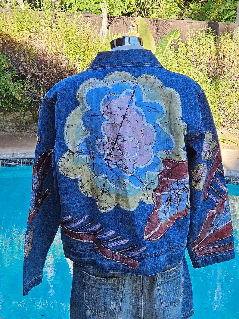 Vintage Chico's Design Denim Jacket With Silk Batik Flower Patches ...