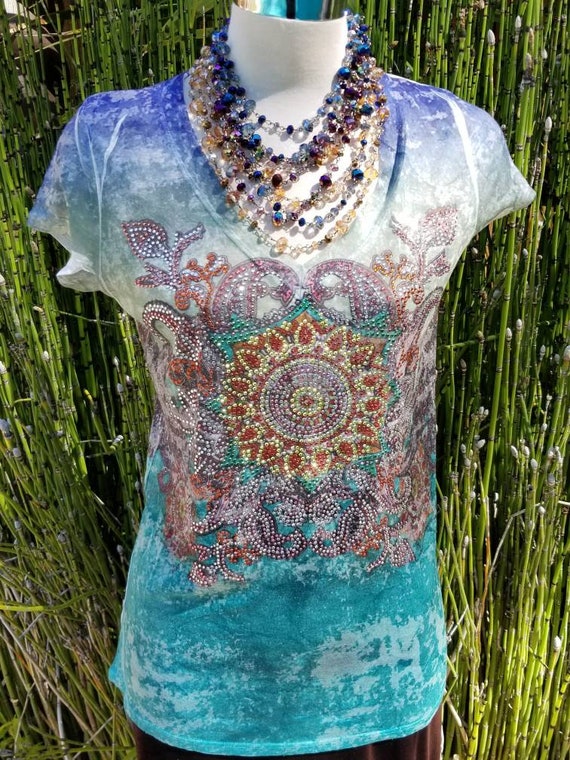 Bitchen vintage tie dye rhinestone henna style top bling tee strassed tribal hippie tshirt boho tattoos bikerchick tee shirt vintage bling T