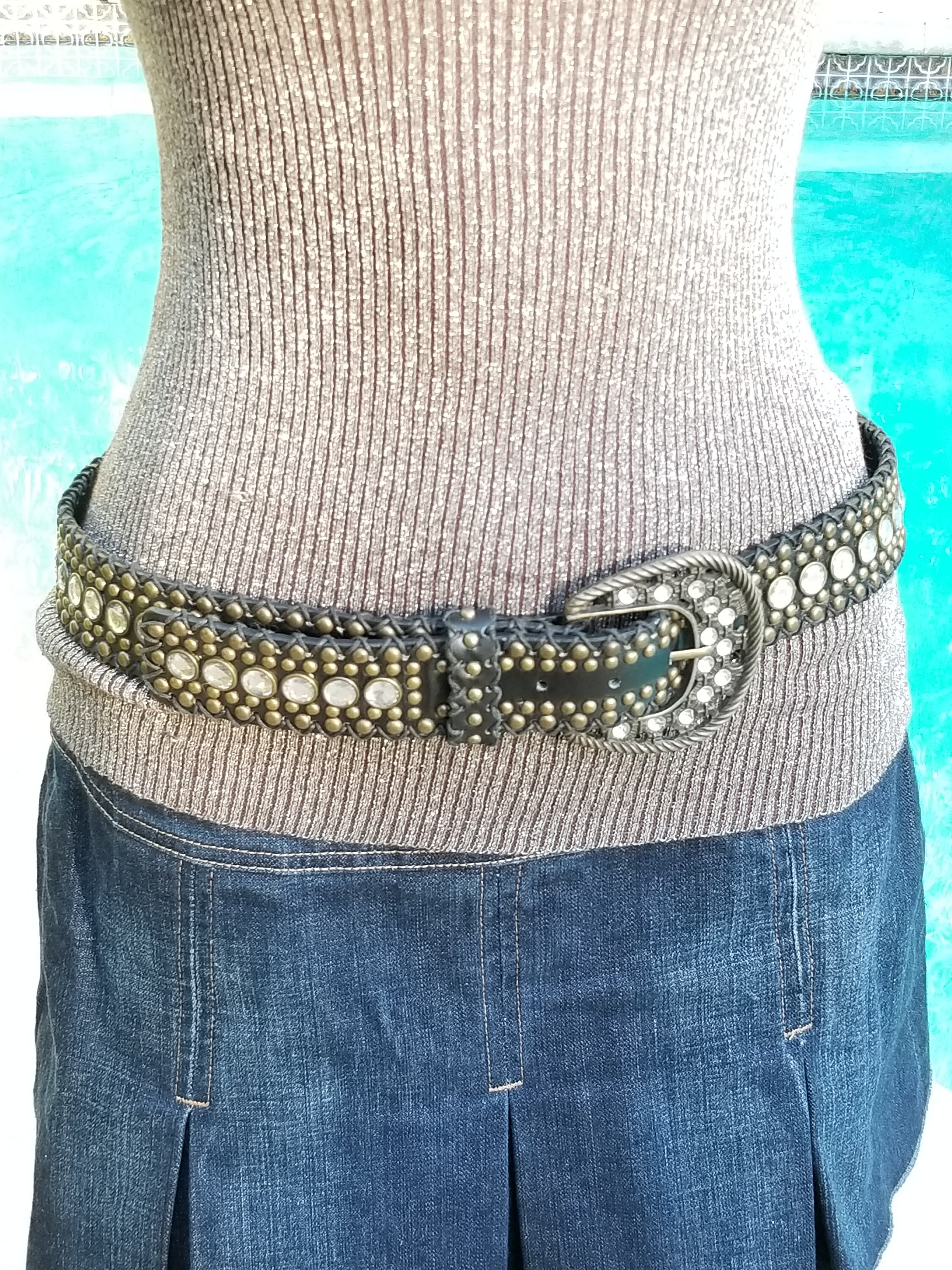 d.i.a.ダイヤ系☆y2k.mcbling.ラビットファーベルトvintage Badass Vintage 80's Faux Leather Rhinestone & Studs Belt