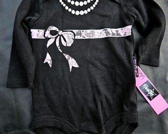 Infant girl one piece crawler LBD faux pearls lace & ribbon baby outfit fake baby dress baby wedding outfit black long sleeve baby dress