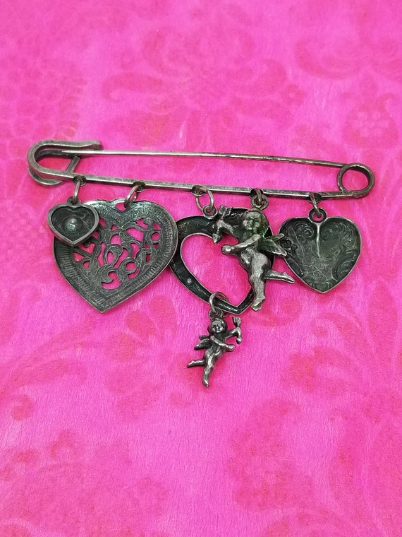 antique silver big safety pin with dangly ch… Gem
