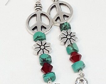 Gorgeous 925 Sterling Silver earrings rocker amazing zuni native hippie wiccan dope peacesign flowers genuine turquoise austrian crystals