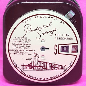 Vintage antique 1940's tin coinbank MCM Prudential Savings & Loan California add a coin bank kids piggy bank tin toy antique coin bank gift