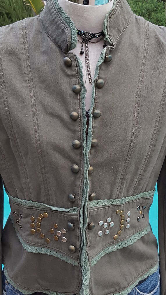 Awesome Miss Me Studded Sexy Army Green Military Jacket Crop Style 