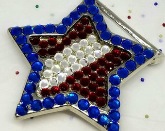Vintage Silver Americana Red White Blue Rhinestone Rectangle 
