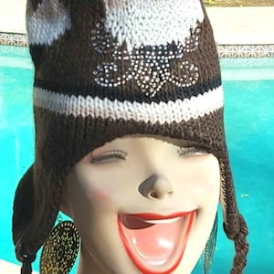 Bitchen bling beanie hat crystal Fleur de Lis on a heart knit beanie rhinestone hoodie pixie hat madhatter ski hat skull cap long ears hat