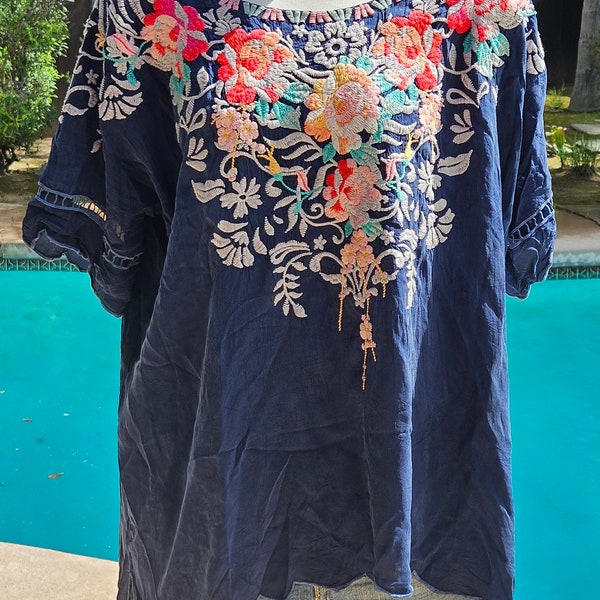 Vintage Johnny Was embroidery floral top hand embroidered mexican style flower short sleeve blouse funky bohemian blouse hippie rocker top