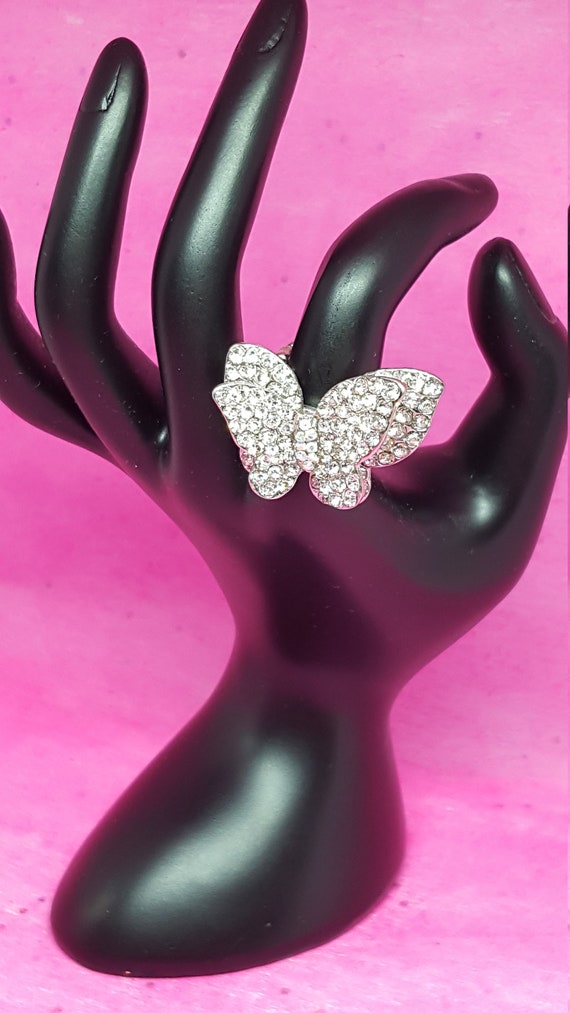 Vintage crystal rhinestone butterfly ring bling co