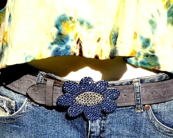 vtg 90s big Blue flower AB Crystal Floral Belt Buckle 1995 blingy cowgirl Rhinestone Western Scroll Floral Flower Country Chic Cowgirl  main image 2