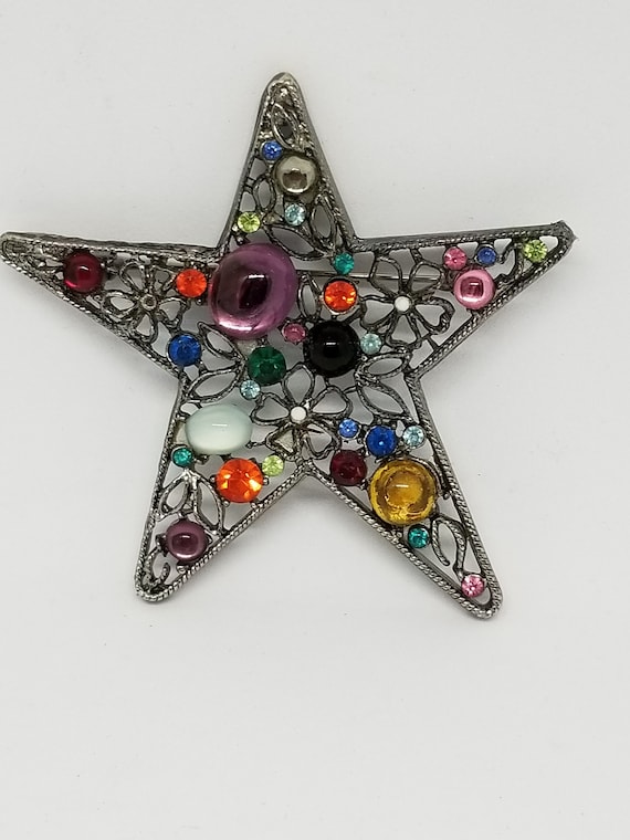 Gorgeous vintage 80s gemstone star brooches pin c… - image 1