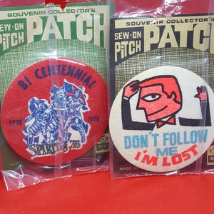 Rare vintage 70&#39;s funny sew on felt patches retro humor Don&#39;t Follow Me I&#39;m Lost & Bicentennial retro patches gag gift popculture collector