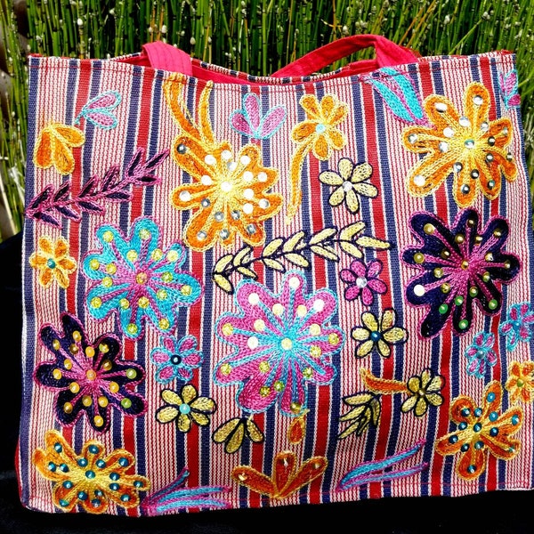 Awesome vintage colorful flower sequin purse tote bag amazing beach bag tropical bohemian handcrafted weekender boho hippie purse great gift