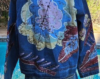 Vintage Chico's Design Denim Jacket With Silk Batik Flower