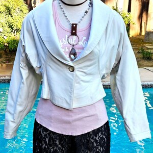 Vintage designer Marc Laurent white leather crop jacket badass rocker white leather bomber jacket sexy plunge neckline white leather jacket