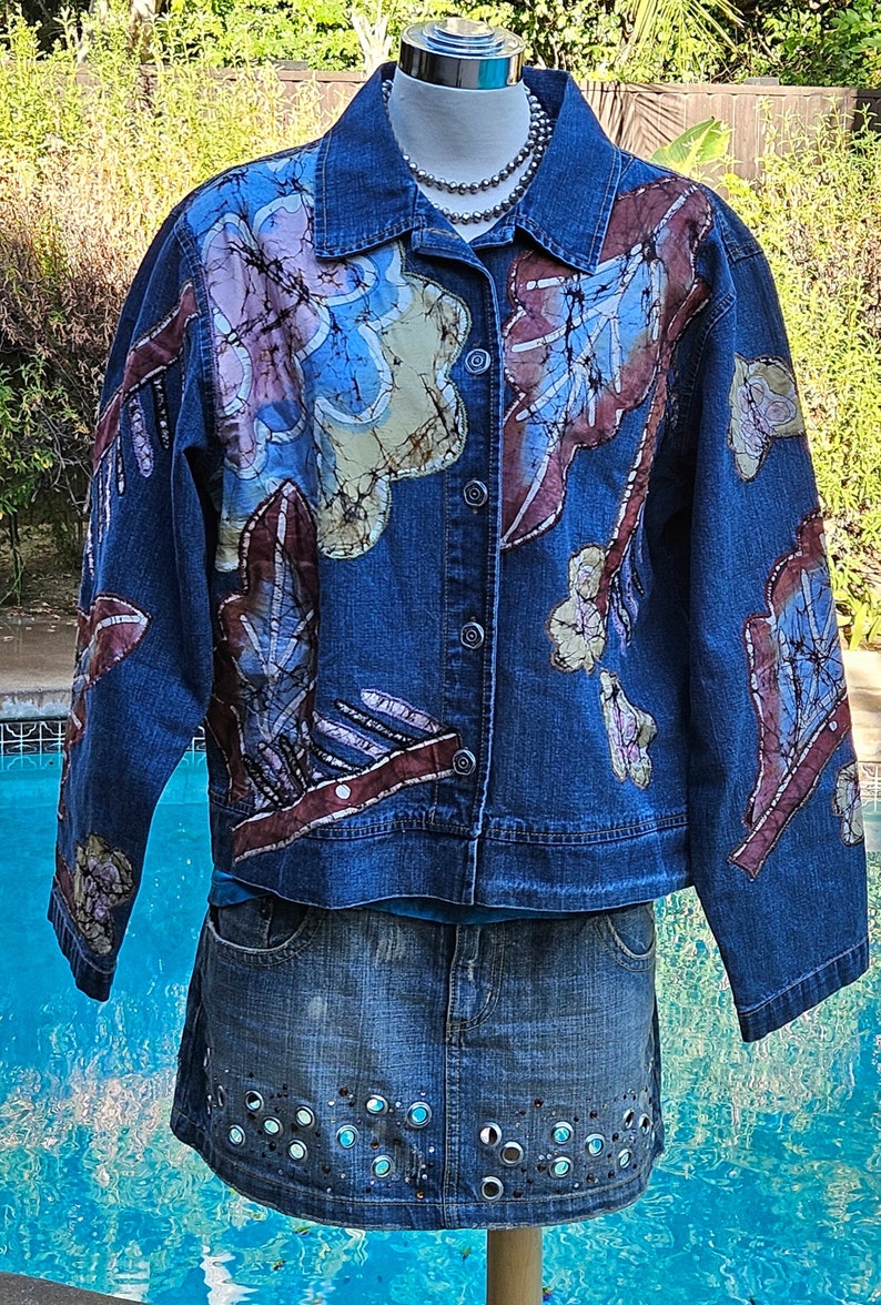 Vintage Chico's Design Denim Jacket With Silk Batik Flower Patches ...