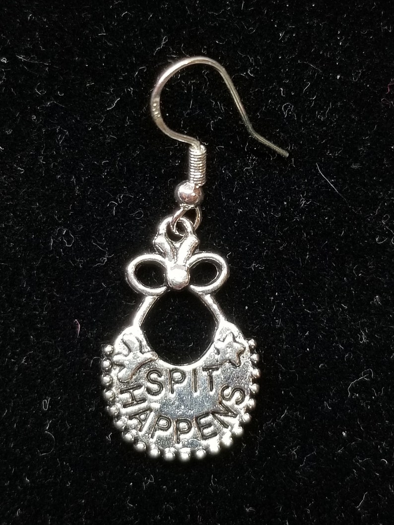 Awesome 925 sterling silver amazing baby shower gift bib spit happens funny humor teddybear new mommy gorgeous punk rocker hippie earrings