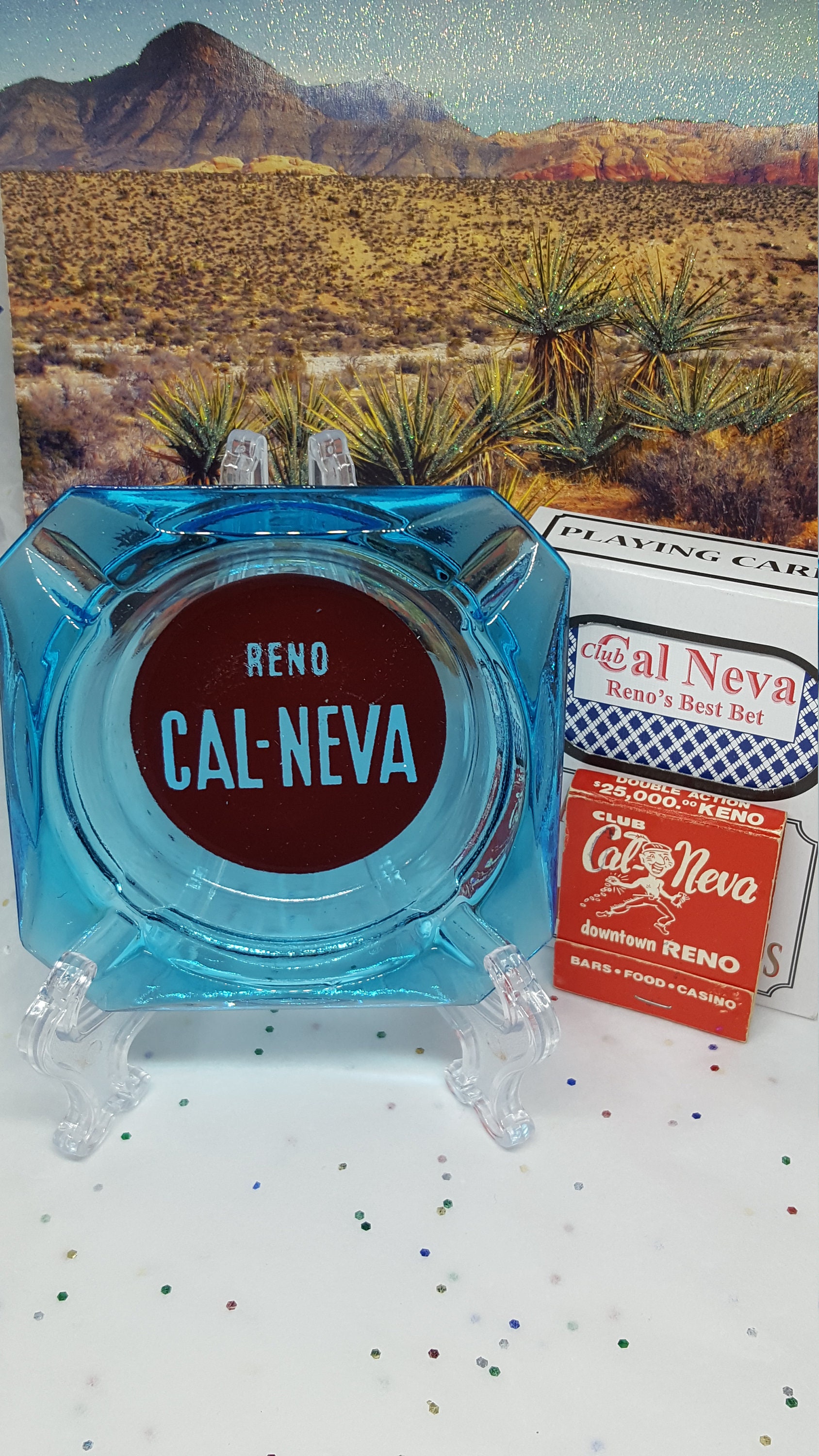 Vintage Rare Blue Glass Cal-neva Club Ashtray Matches & Cards