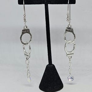 Badass silver handcuff & crystal earrings punk rocker earrings hippie boho jewelry silver handcuff charm earrings rock n roll long earrings