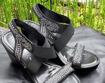 Sexy vintage black elastic & rhinestone high wedge sandals hippie rocker black wedge sandals Italian Shoemakers platform bling sandals