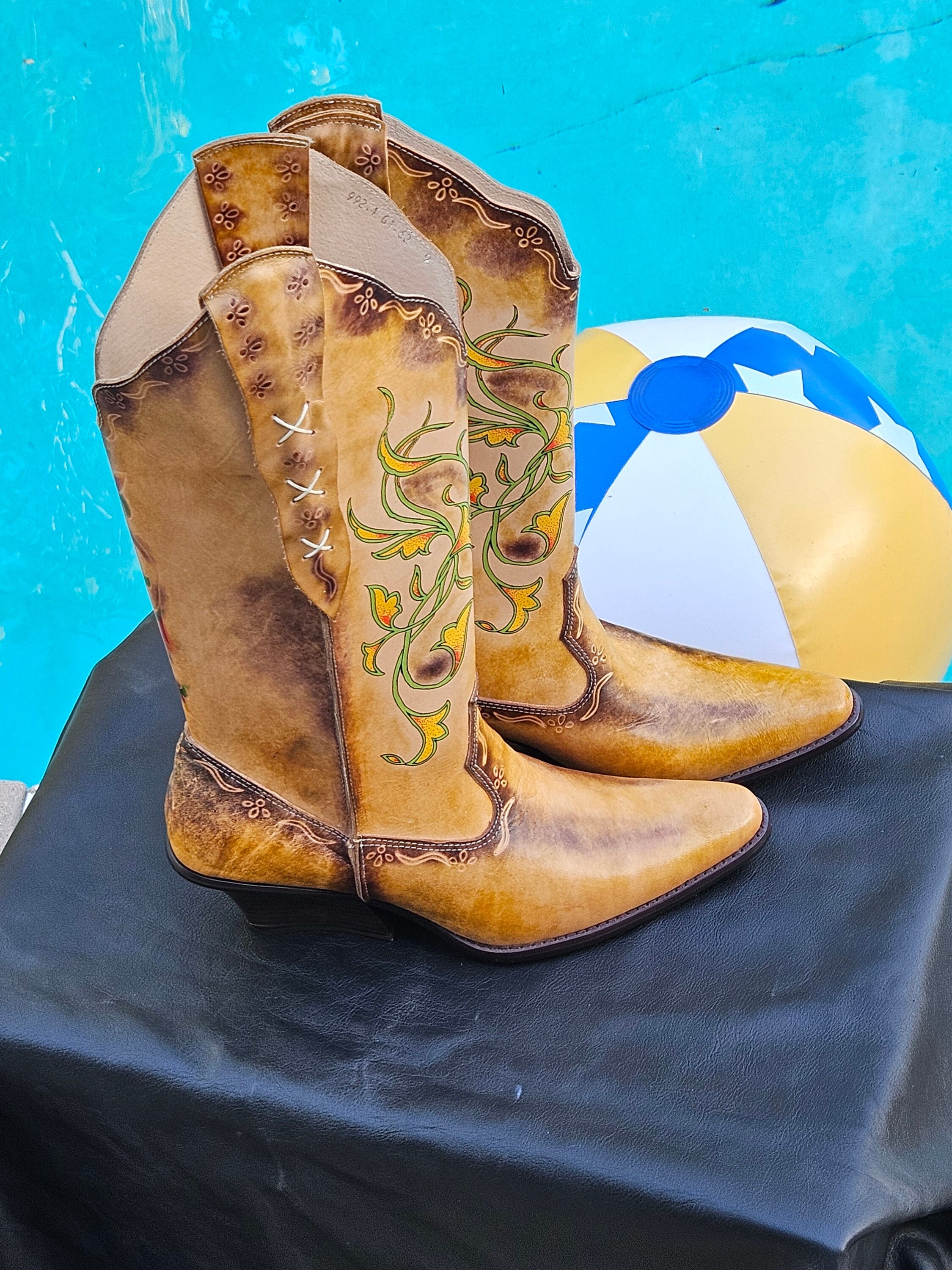 Vintage Leather Seychelles Cowboy Boots Mid Heel Hand Painted