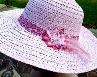 Pink Straw Hat/ Wide Brim/ Pink Flowers/ 20 display picture 2