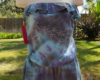 Sexy tie dye romper bling stars bando tube top festival hippie bohemian loungewear beachwear shorts bikerchick jumper retro 80s awesome gift