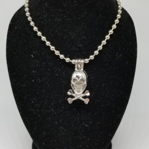 May include: A silver skull and crossbones charm necklace with a silver ball chain.