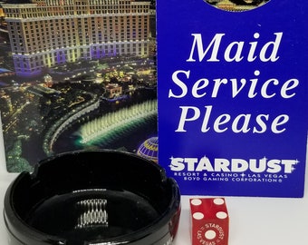 Vintage MCM Stardust Las Vegas gift set ashtray one di Stardust maid service door hanger real Stardust Casino craps dice Stardust souviner