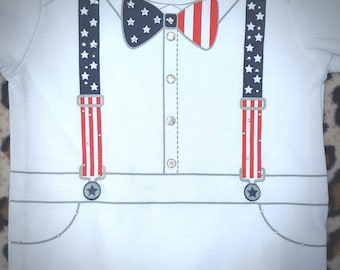 All American infant one piece crawler stars & stripes bowtie with fake suspenders outfit red white and blue Independence day outfit