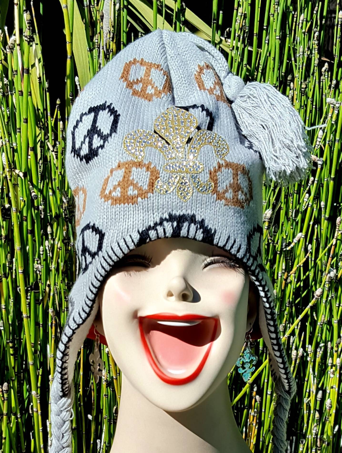 Awesome Peace Sign Knit Beanie Hat Bling Fleur De Lis Design Ski