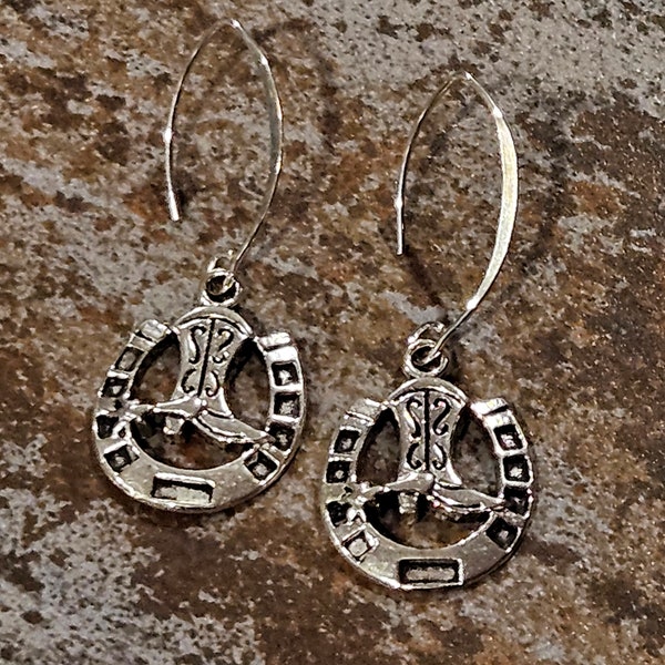 Badass sterling silver lucky horseshoe and cowboy boot earrings rocker western rockabilly earrings silver horseshoe & shitkickers jewelry