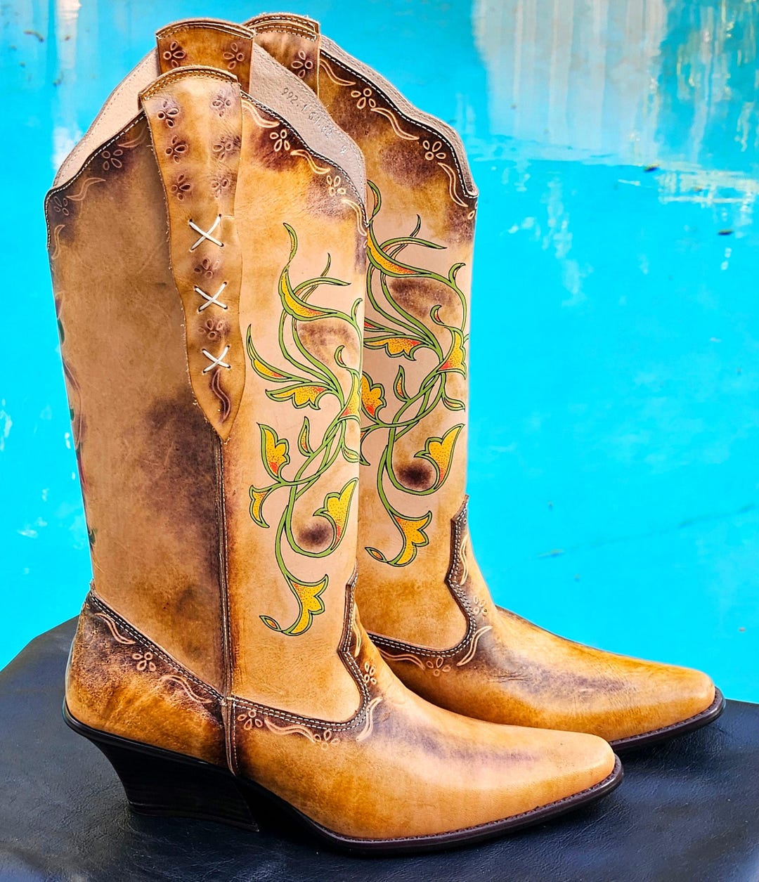 Vintage Leather Seychelles Cowboy Boots Mid Heel Hand Painted