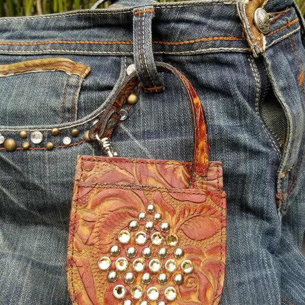 Awesome western cowboy cowgirl vintage MCM bling cellphone flipphone tooled leather boho hippie bikerchick keychain rockabilly amazing gift