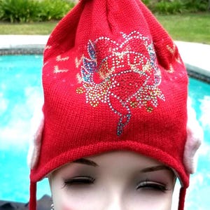Baby bling beanie with stuffed animal teddy bear ears muffs rhinestone "True Love" tattoo beanie hat toddler size cool punk rocker baby hat